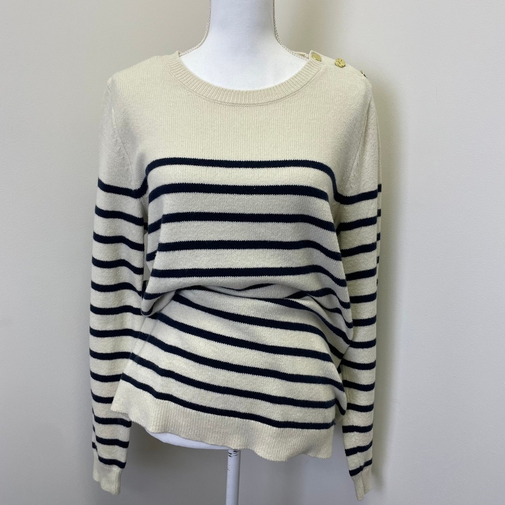 J. Jill Womens Small Tall Striped Button Shoulder Crewneck Sweater Cream Navy - Picture 2 of 15